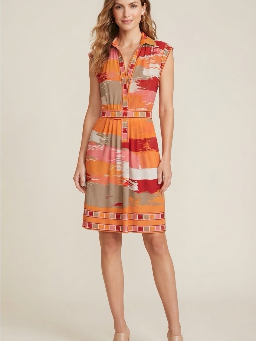 BCBGMAXAZRIA Orange Red Retro Abstract Collared Shirt Dress Size Small